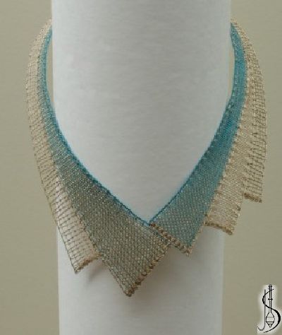 Necklace No. 10445c 
		   Blue and beige silk, golden metallic yarn.
Price:
............................
 Protected by copyright! 




 

