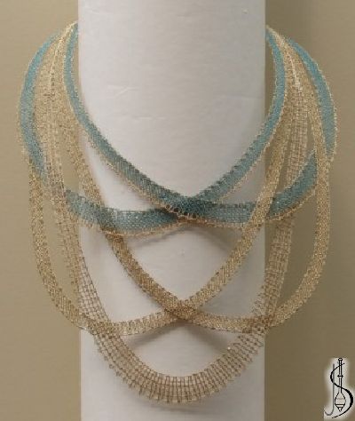 Necklace No. 10505 
		   Blue and beige silk, golden metallic yarn.
Price: 
............................
 Protected by copyright! 



 

